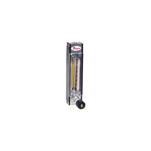 Variable area flowmeter, SS float, max. rate 25.5 SCFH 12058 ml/min air, 5.77 GPH 364 ml/min water